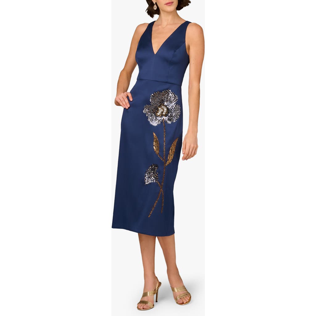 Aidan Mattox Sleeveless Flower-beaded Midi Dress In Blue