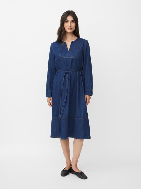 Long Sleeve V-Neck Denim Midi Dress