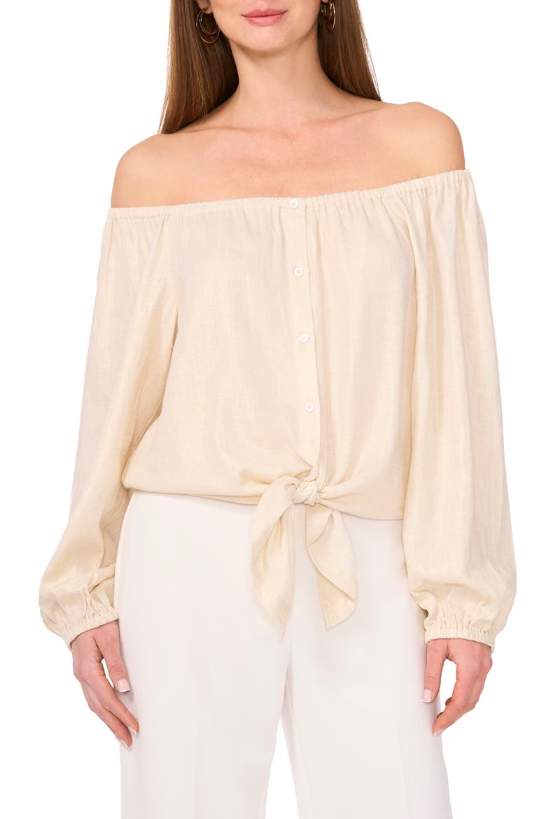 Off the Shoulder Tie Hem Button-Up Top, Main, color, TURTLEDOVE