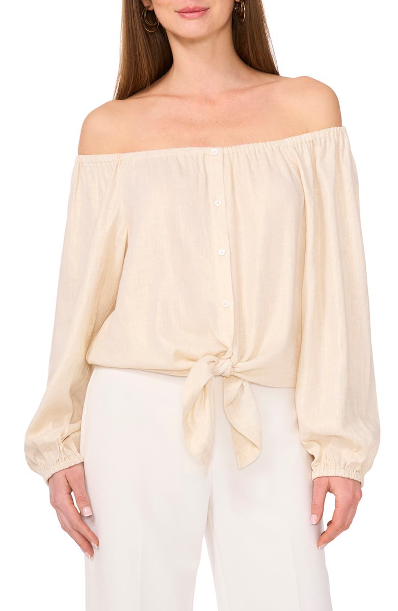 Vince Camuto Off the Shoulder Tie Hem Button-Up Top, Main, color, Turtledove