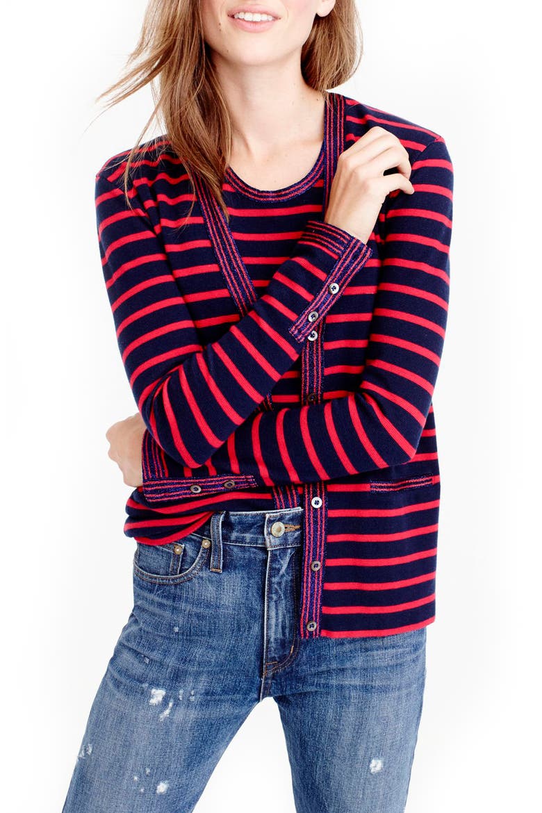 J.Crew Metallic Trim Stripe Cardigan, Main, color, NAVY BRILLIANT