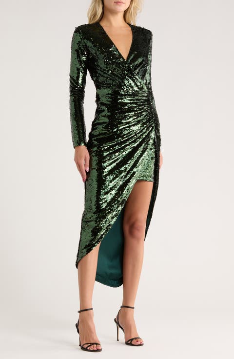 Emersyn Long Sleeve Sequin Faux Wrap Midi Dress