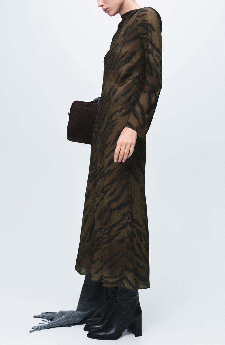 MANGO Satin Animal Print Midi Dress, Alternate, color, Brown