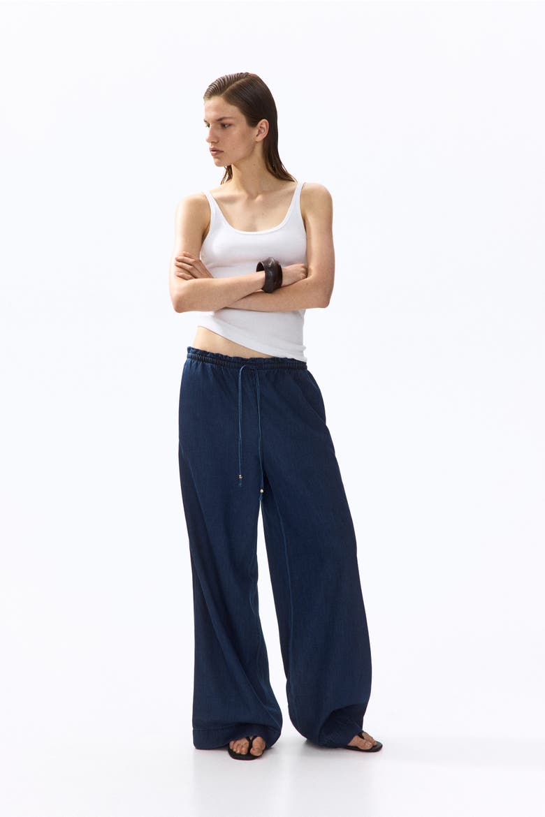 Tie-belt Wide Paper Bag Trousers, Alternate, color, Darker blue denim