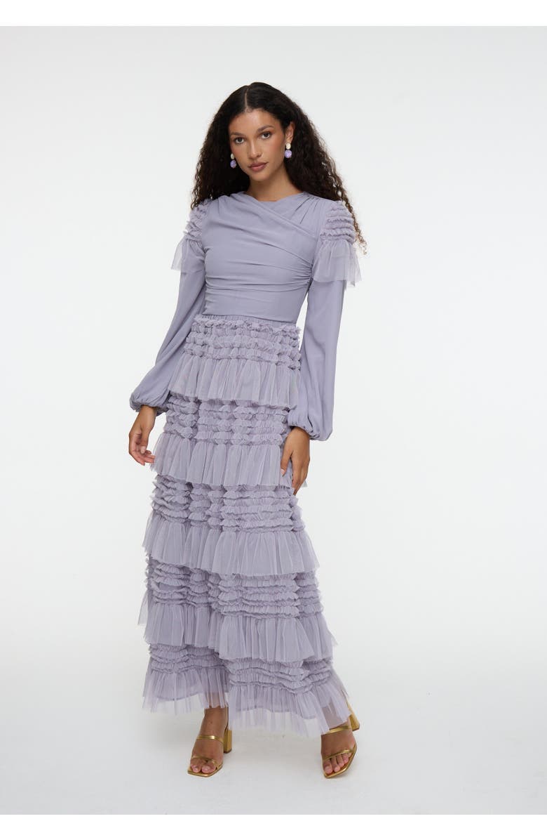 MARYISA Modest Ruffle Dress Maxi With Abstract Print, Alternate, color, 