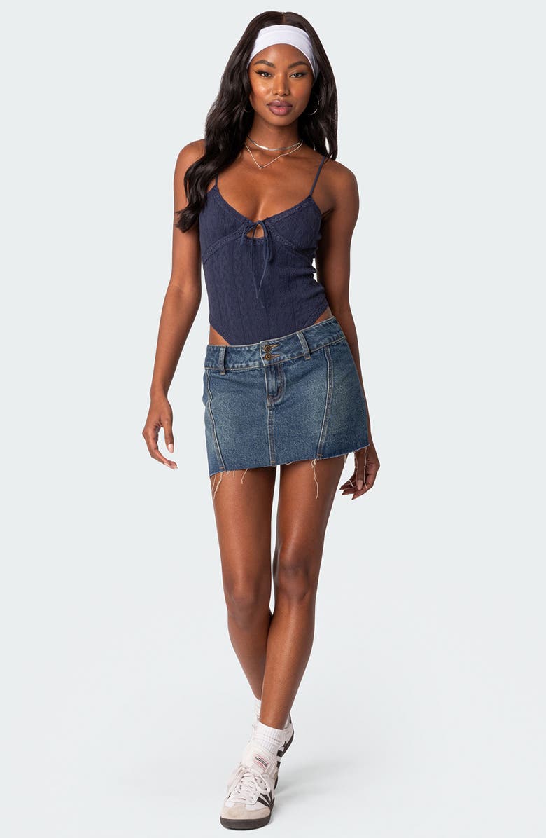 EDIKTED Lacey Keyhole Knit Bodysuit, Alternate, color, Navy