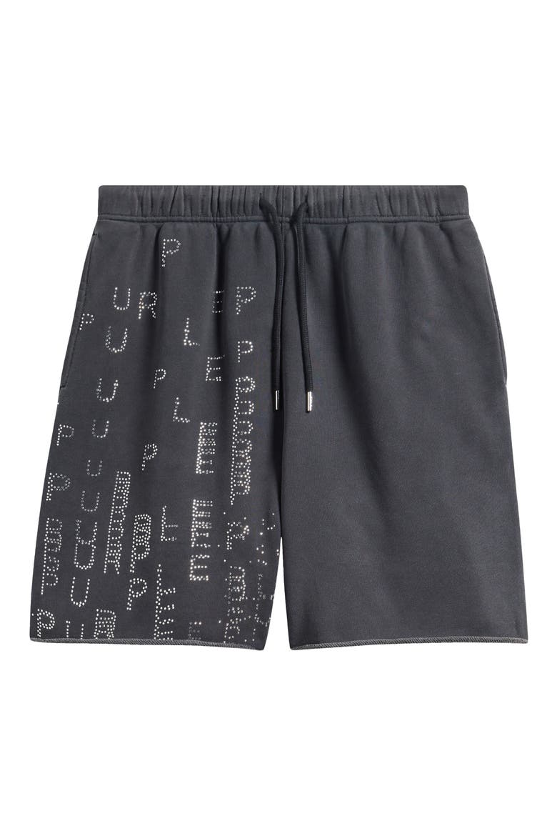 Embellished Logo Raw Hem Fleece Drawstring Shorts, Alternate, color, BLACK