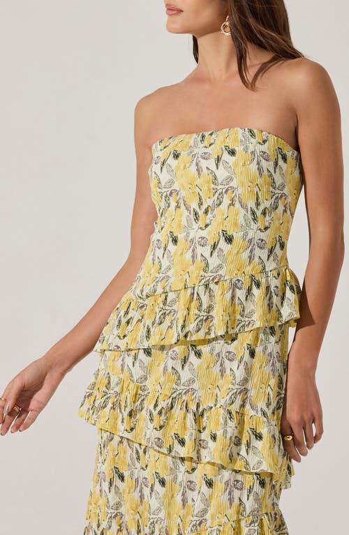 Astr The Label Plissé Asymmetric Tiered Ruffle Strapless Midi Dress In Lemon Floral