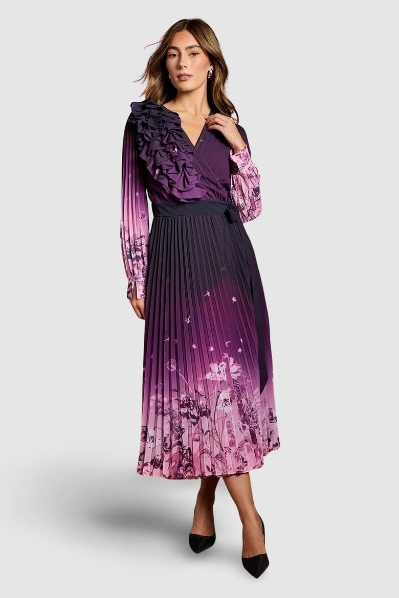Floral Corsage Wrap Georgette Dress, Main, color, Mauve