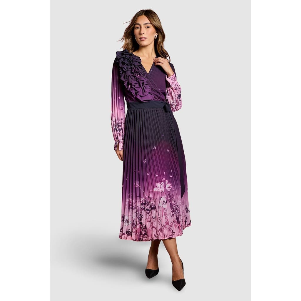 Coast Floral Corsage Wrap Georgette Dress In Purple