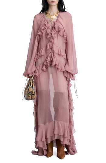 Shop Mango Royal Long Sleeve Ruffle Dress In Pink