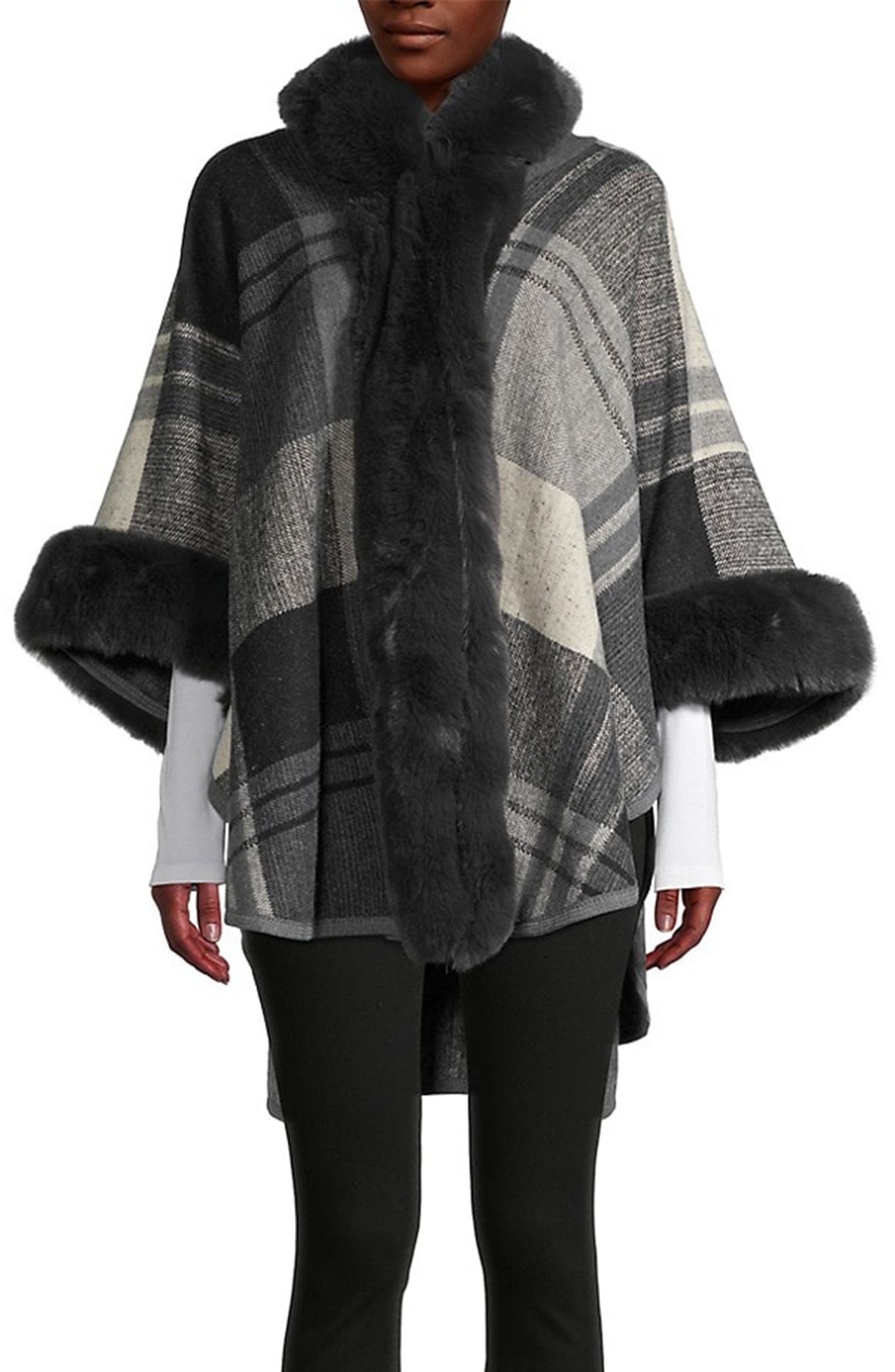 SAACHI Blair Plaid Faux Fur Trim Topper