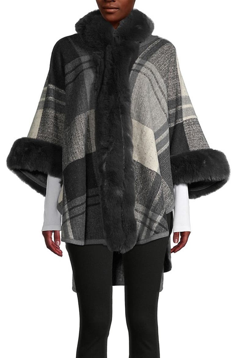 Blair Plaid Faux Fur Trim Topper, Main, color, BLACK