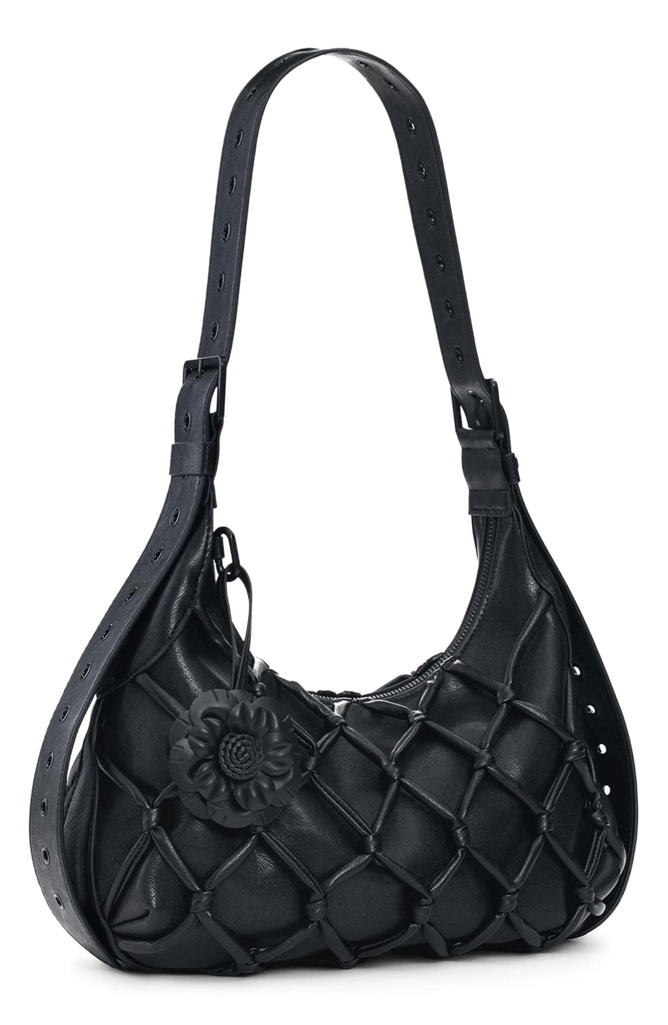 Desigual Flower Net Faux Leather Shoulder Bag, Alternate, color, Black
