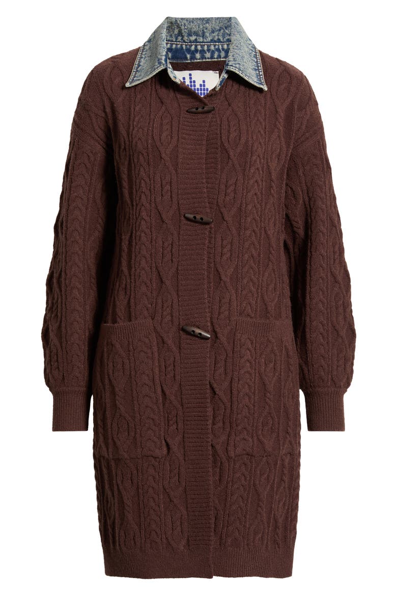 Denim Collar Cable Long Cardigan, Alternate, color, CHOCOLATE