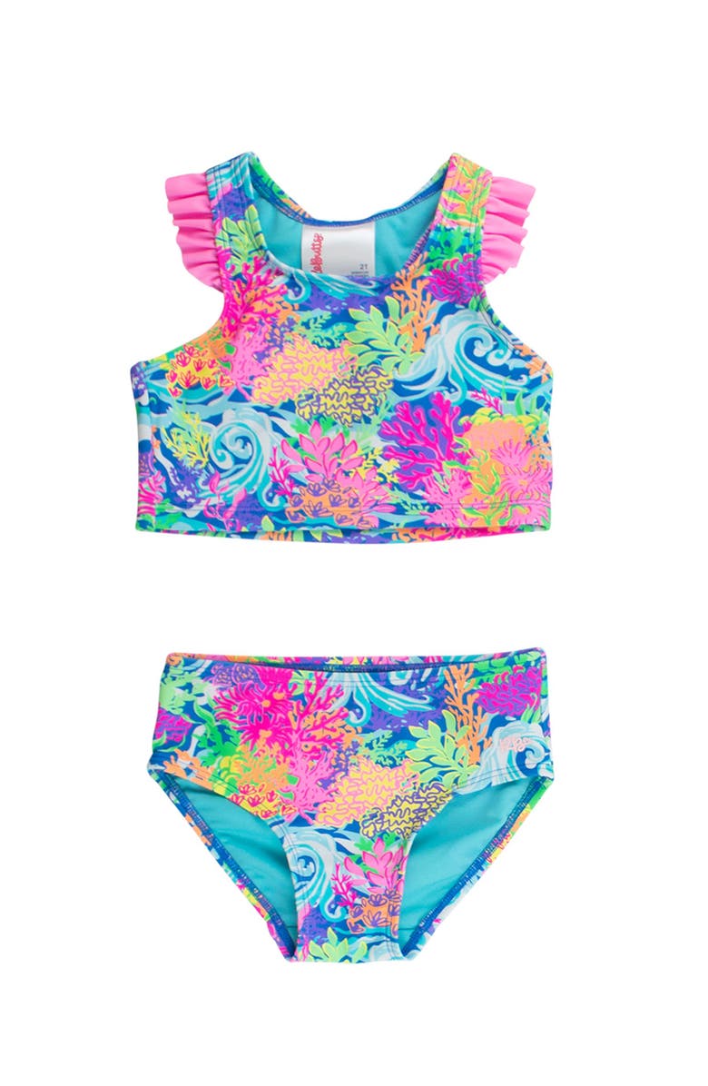 RuffleButts UPF50+ Sun Protected Racerback Flutter Tankini 2-Piece Swimsuit, Main, color, Neon Ocean Coral
