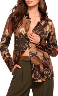 Ramy Brook Retro Floral Stretch Silk Bitton-Up Shirt