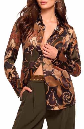 Ramy Brook Retro Floral Stretch Silk Bitton-Up Shirt
