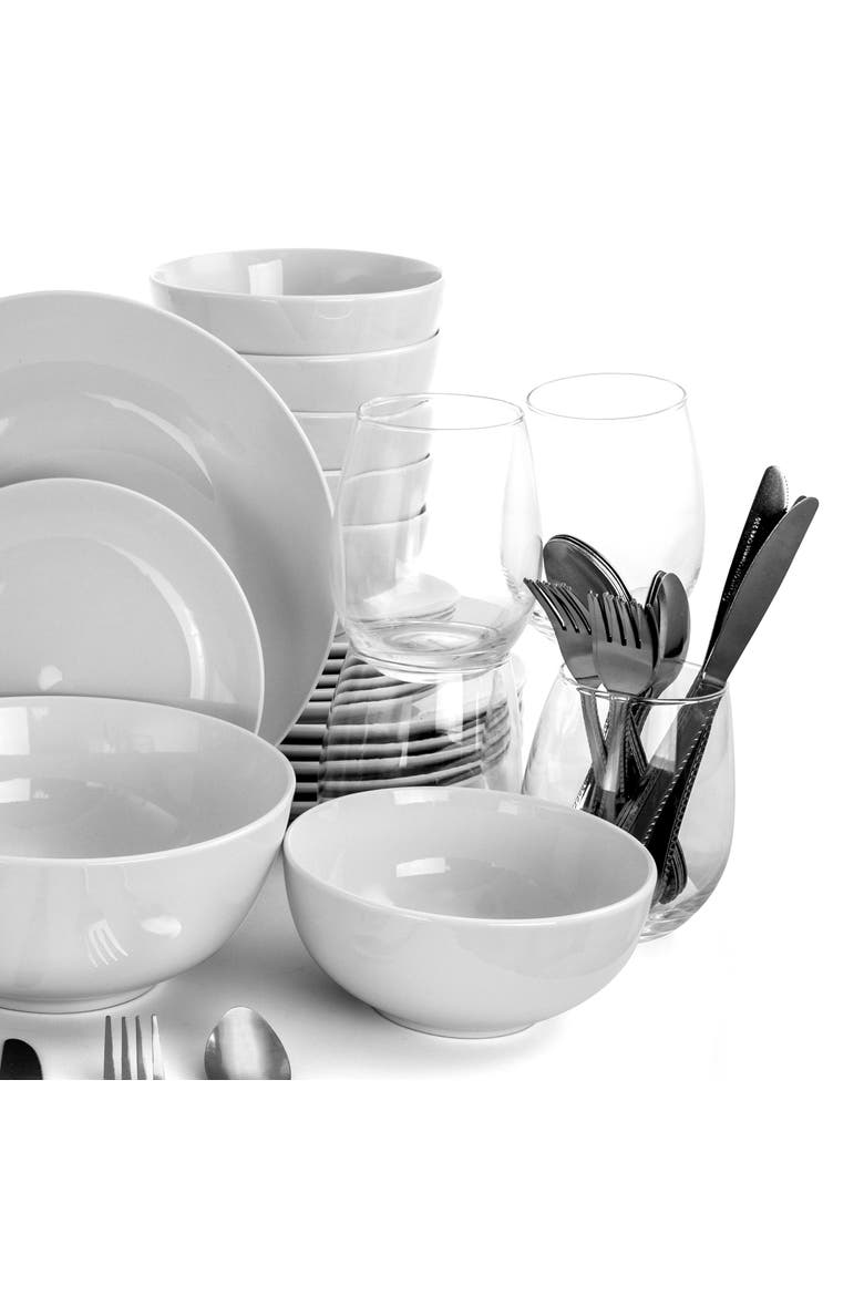 60 Piece Ceramic Dinnerware with Drinkware and Flatware, Alternate, color, White