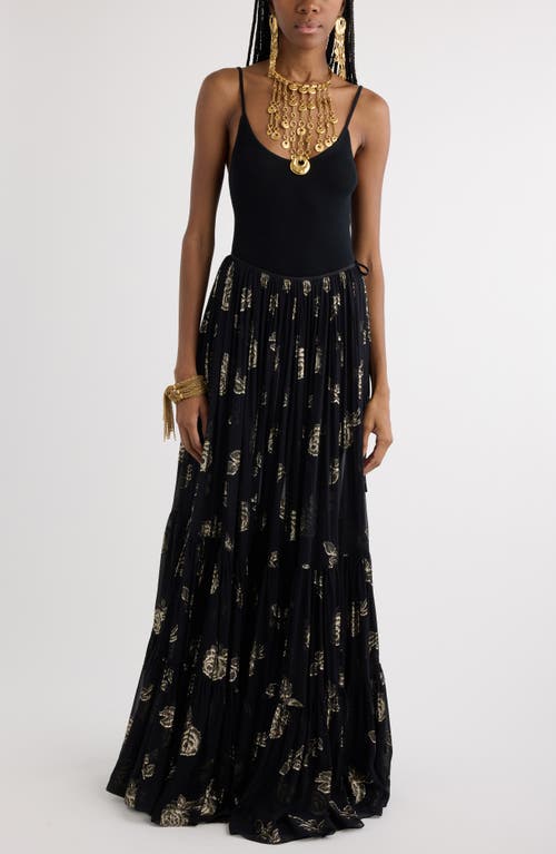Shop Chloé Rose Metallic Silk Fil Coupé Maxi Skirt In Black