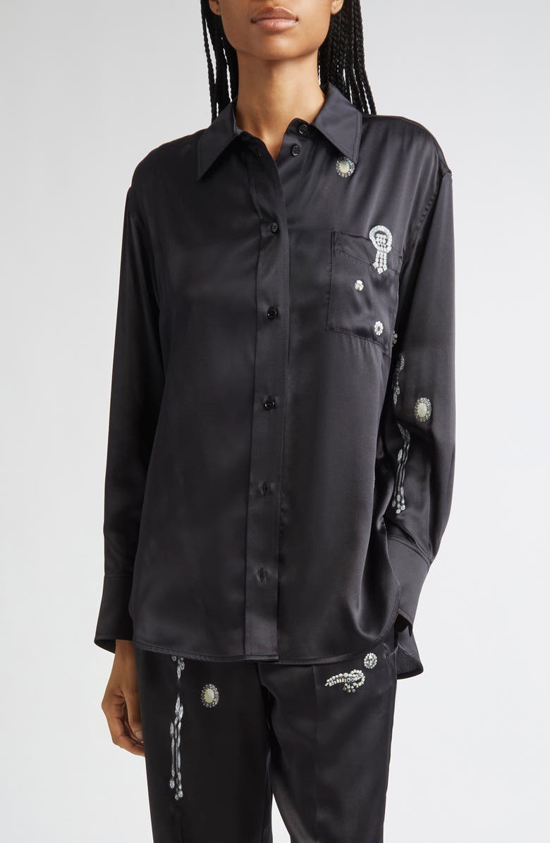 Victoria Beckham Crystal Print Silk Pajama Shirt, Main, color, Black