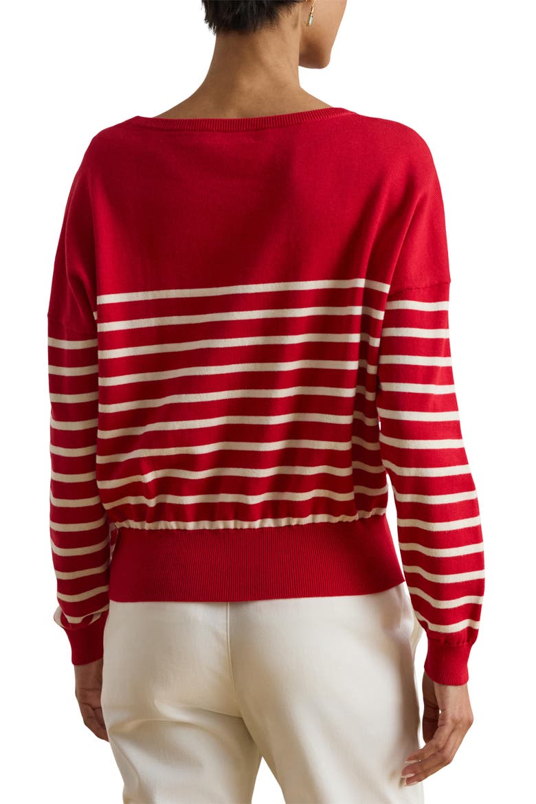 Striped Combed Cotton Boat Neck Sweater, Alternate, color, CREAM/ CRUISE RED