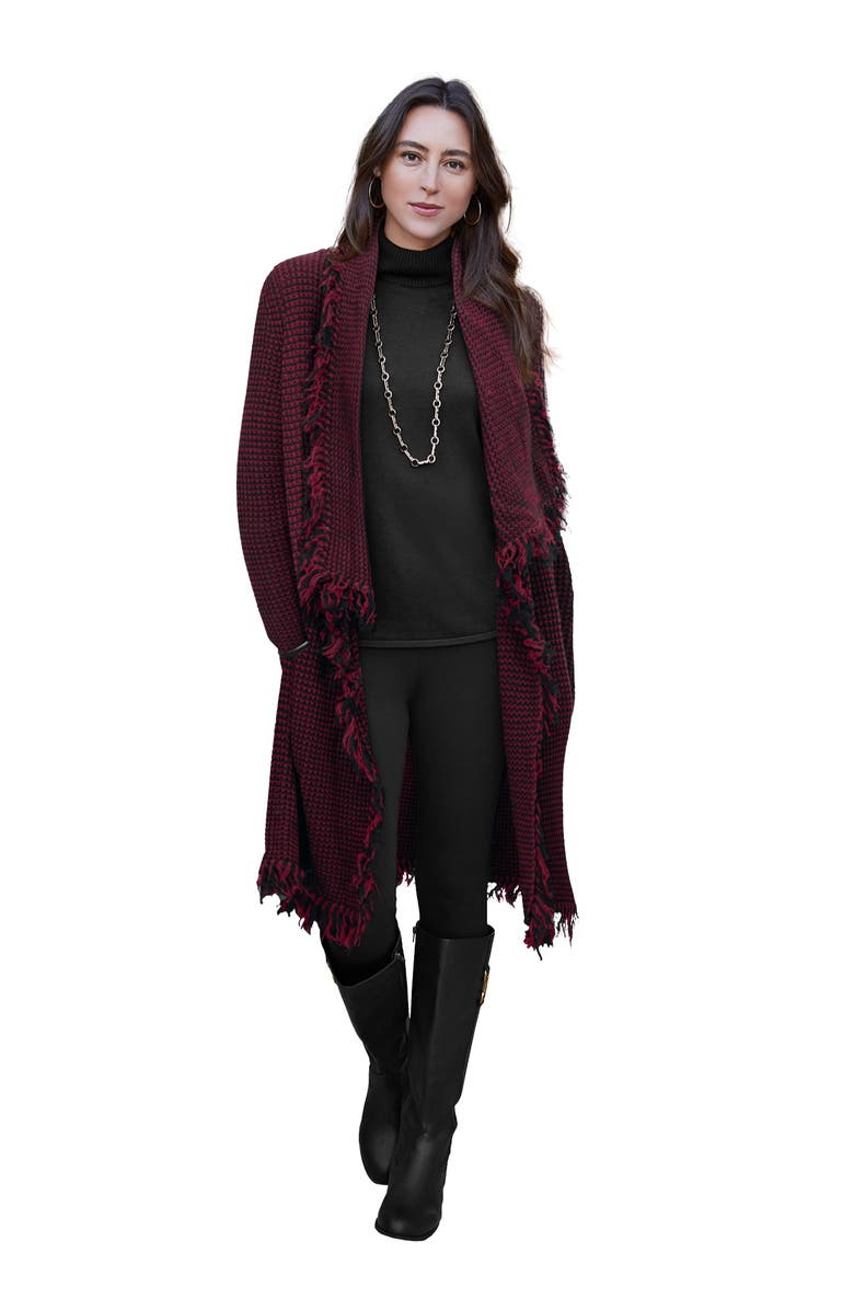 Jessica London Shawl-Collar Fringe Jacket, Main, color, Merlot Black