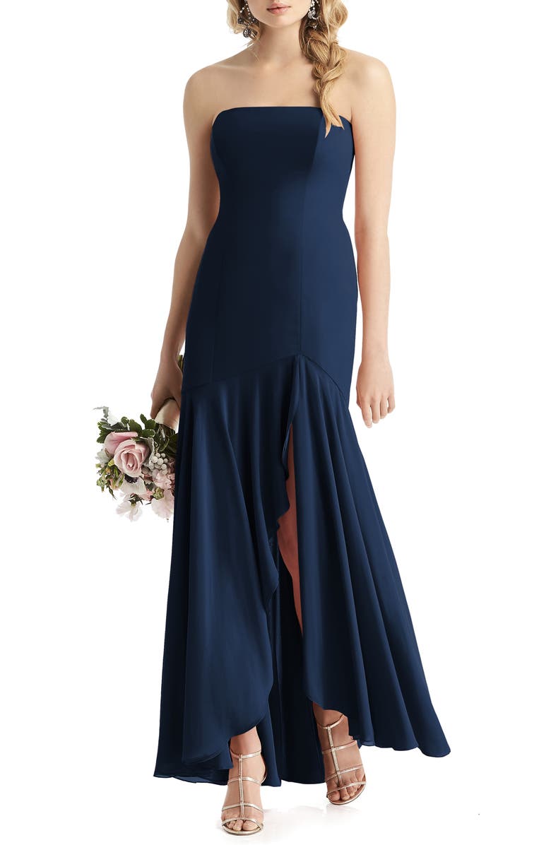 After Six Strapless High/Low Matte Chiffon Gown, Main, color, Midnight