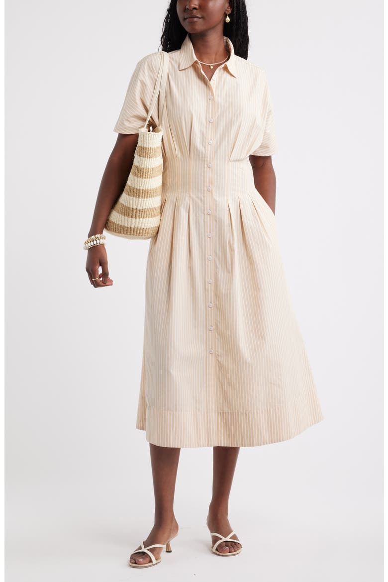 Stripe Pleated Dolman Sleeve Midi Shirtdress, Alternate, color, TAN SHORE-WHITE CORA STRIPE
