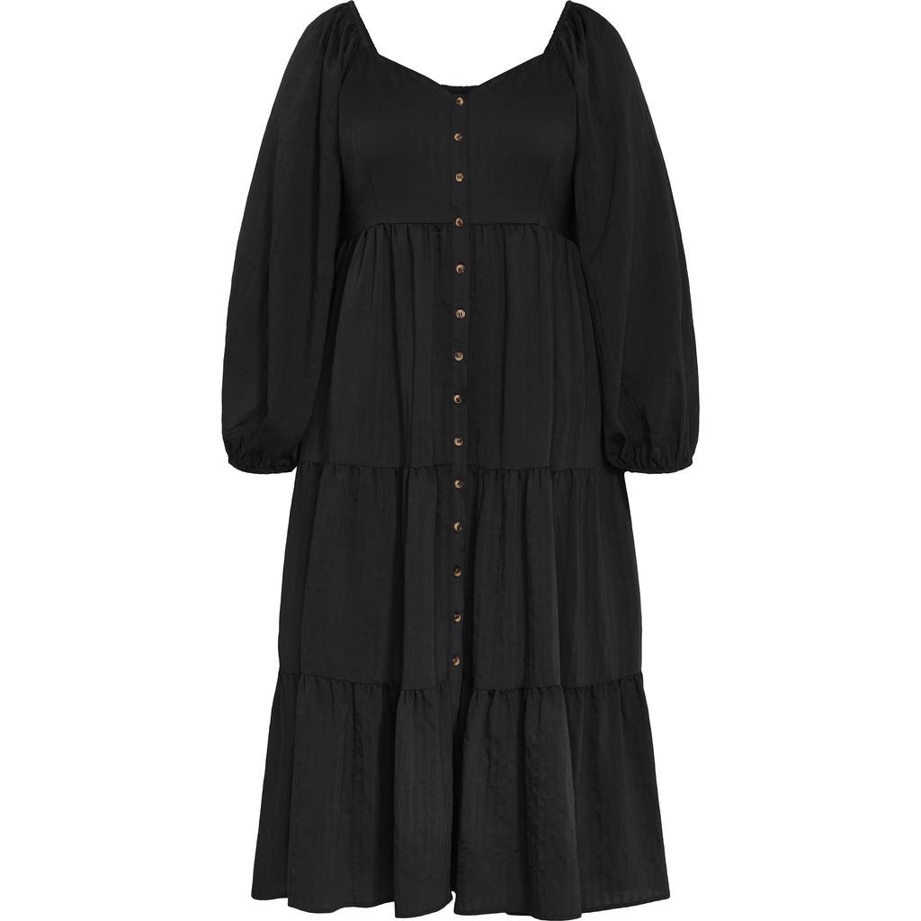 City Chic Tiana Long Sleeve Tiered Midi Dress In Black