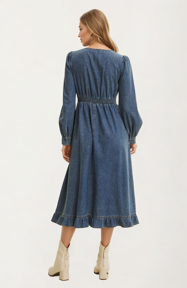 Knit and Lounge Long-Sleeve Denim V-Neck Ruffle-Hem Midi Dress, Alternate, color, 