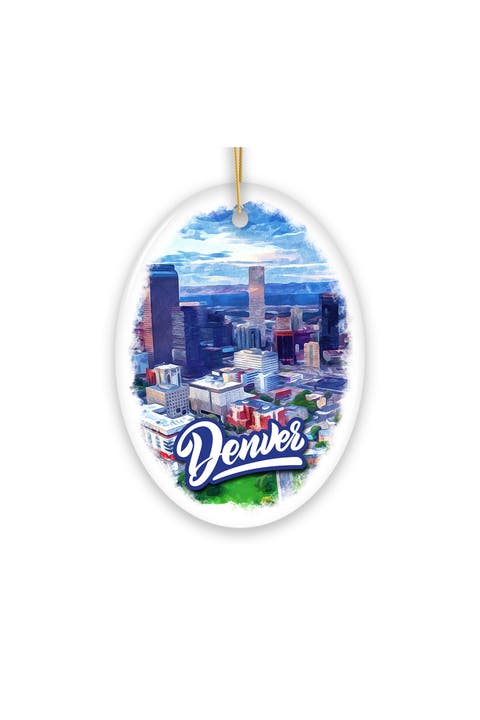 Denver Skyline Watercolor Oval Ceramic Ornament