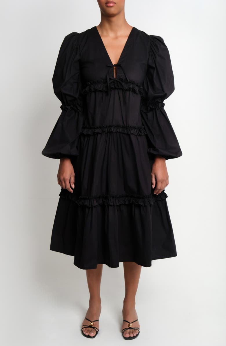 The Lulo Project New Lilies Long Sleeve Stretch Cotton Midi Dress, Main, color, Black