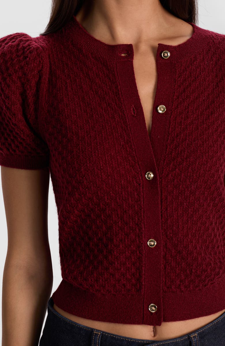 Alice + Olivia Sabine Puff Sleeve Crop Cashmere Blend Sweater, Alternate, color, Oxblood