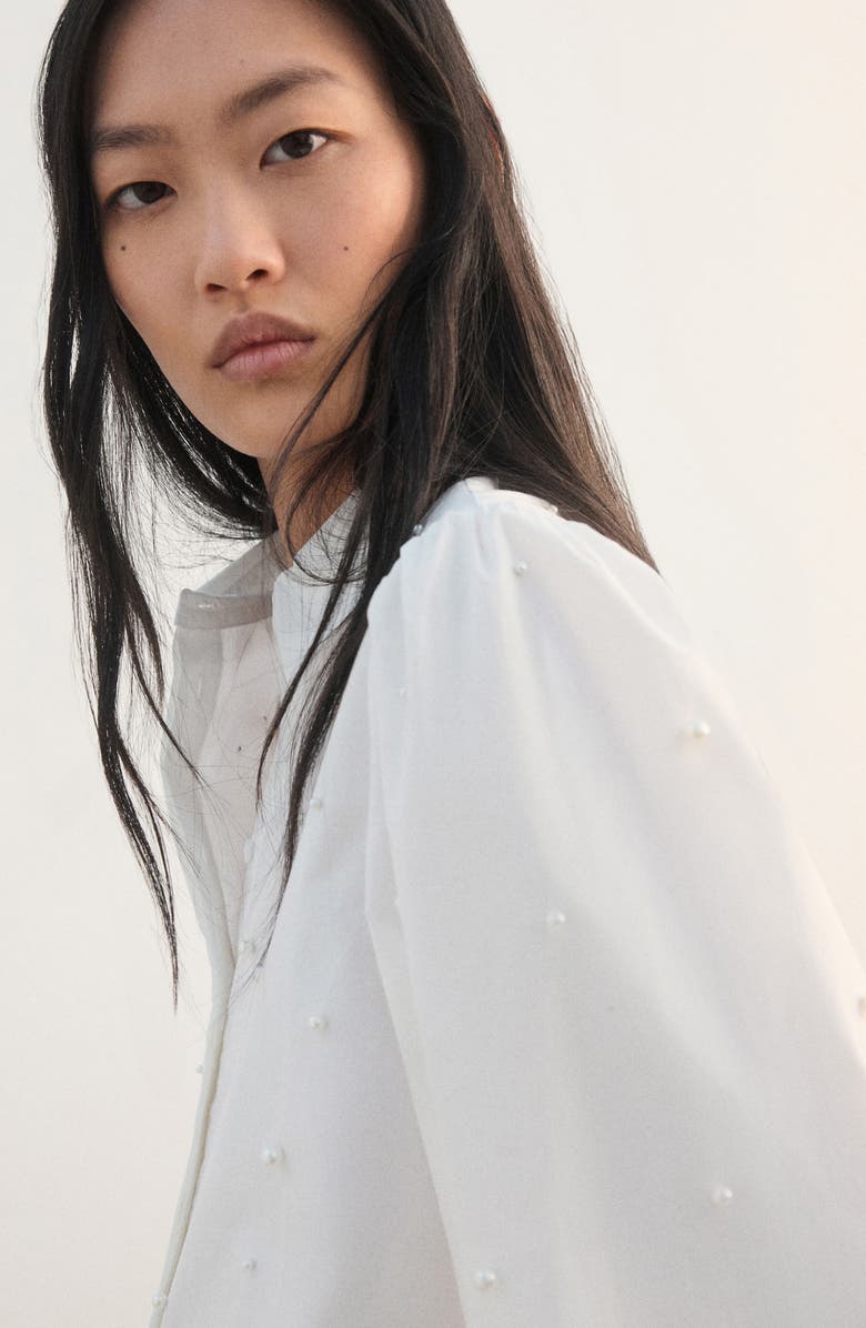 MANGO Pearl Detail Puff Sleeve Button-Up Shirt, Alternate, color, 