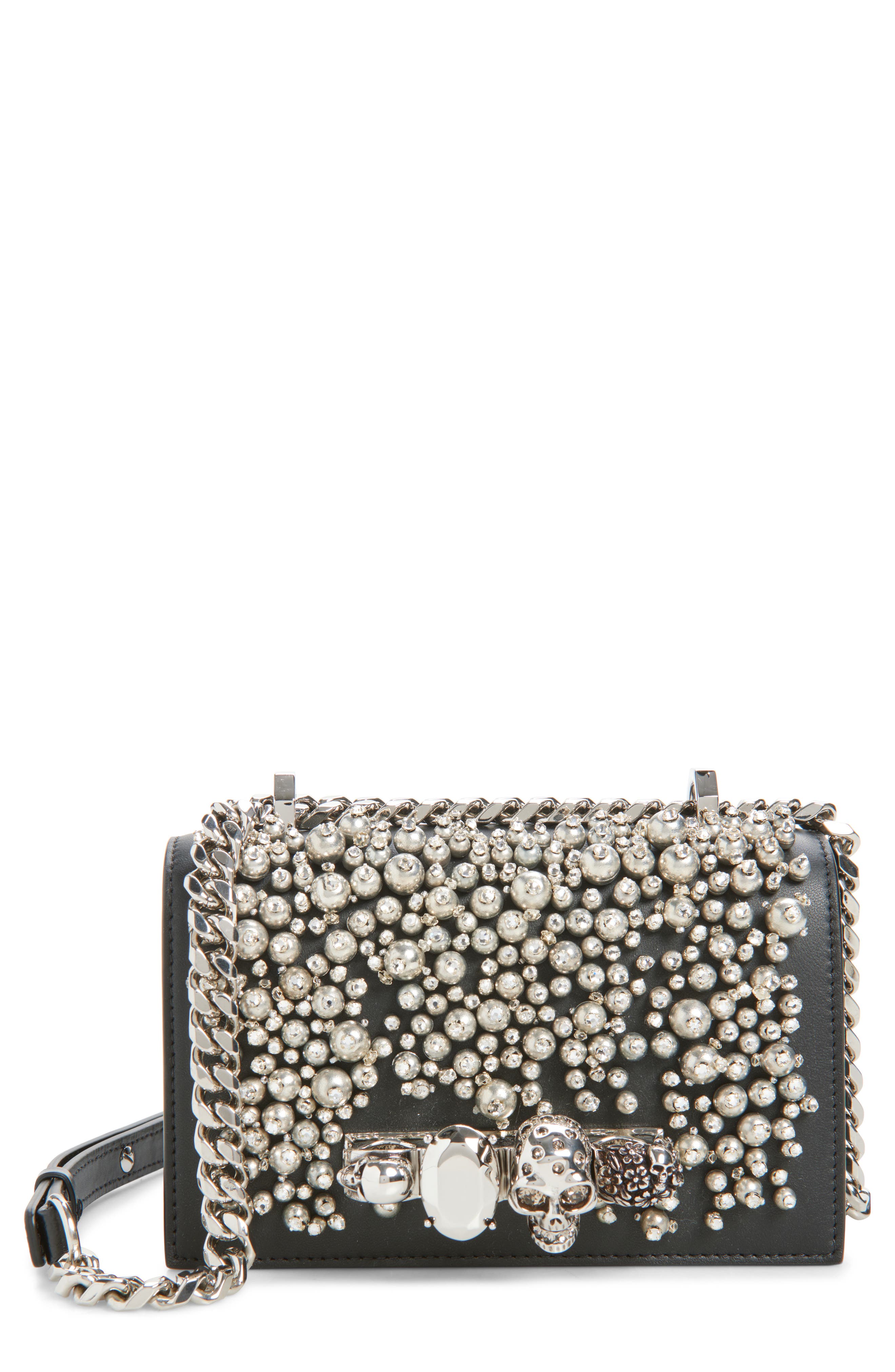 McQueen Mini Jewelled Satchel, Main, color, Black/ Silver