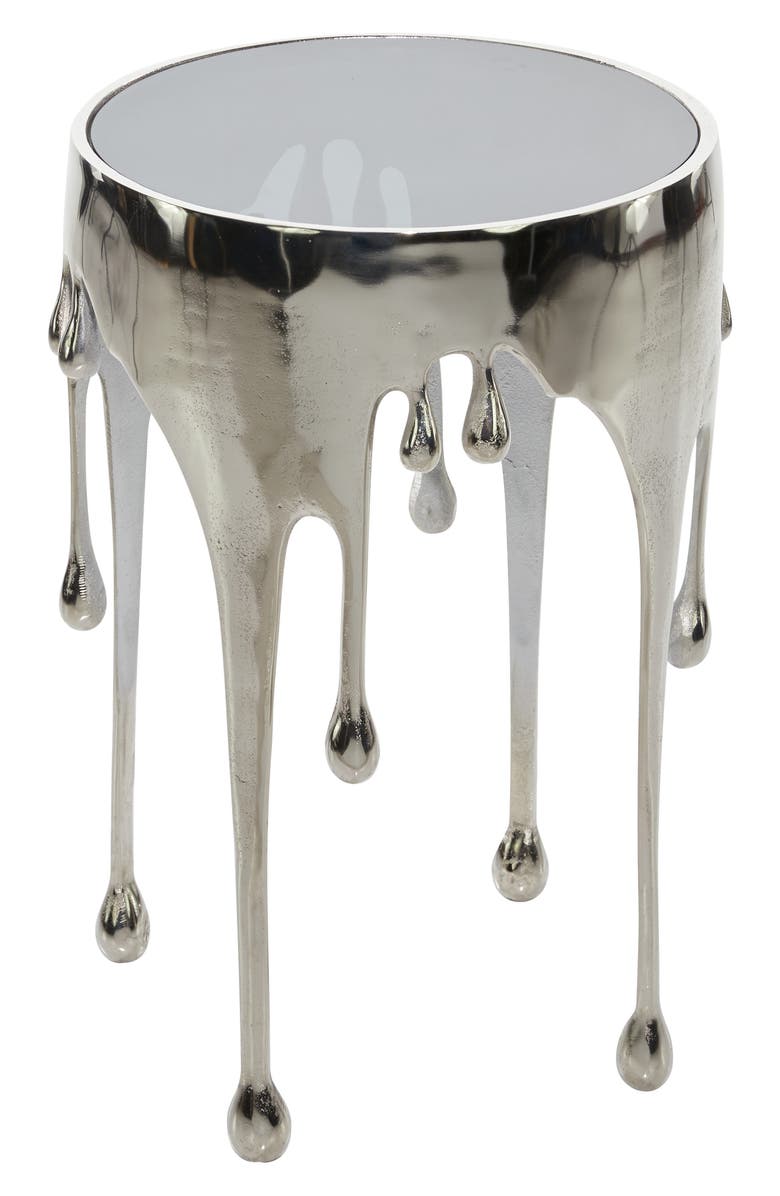 VIVIAN LUNE HOME Silver Aluminum Drip Accent Table with Melting Designed Legs and Shaded Glass Top, Main, color, 