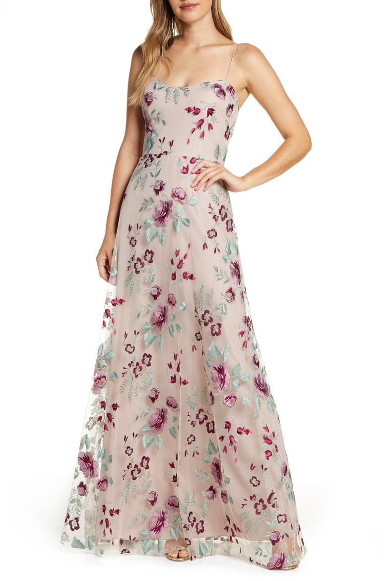 Drew Floral Embroidered Tulle Evening Dress, Main, color, BERRY VINTAGE IRIS