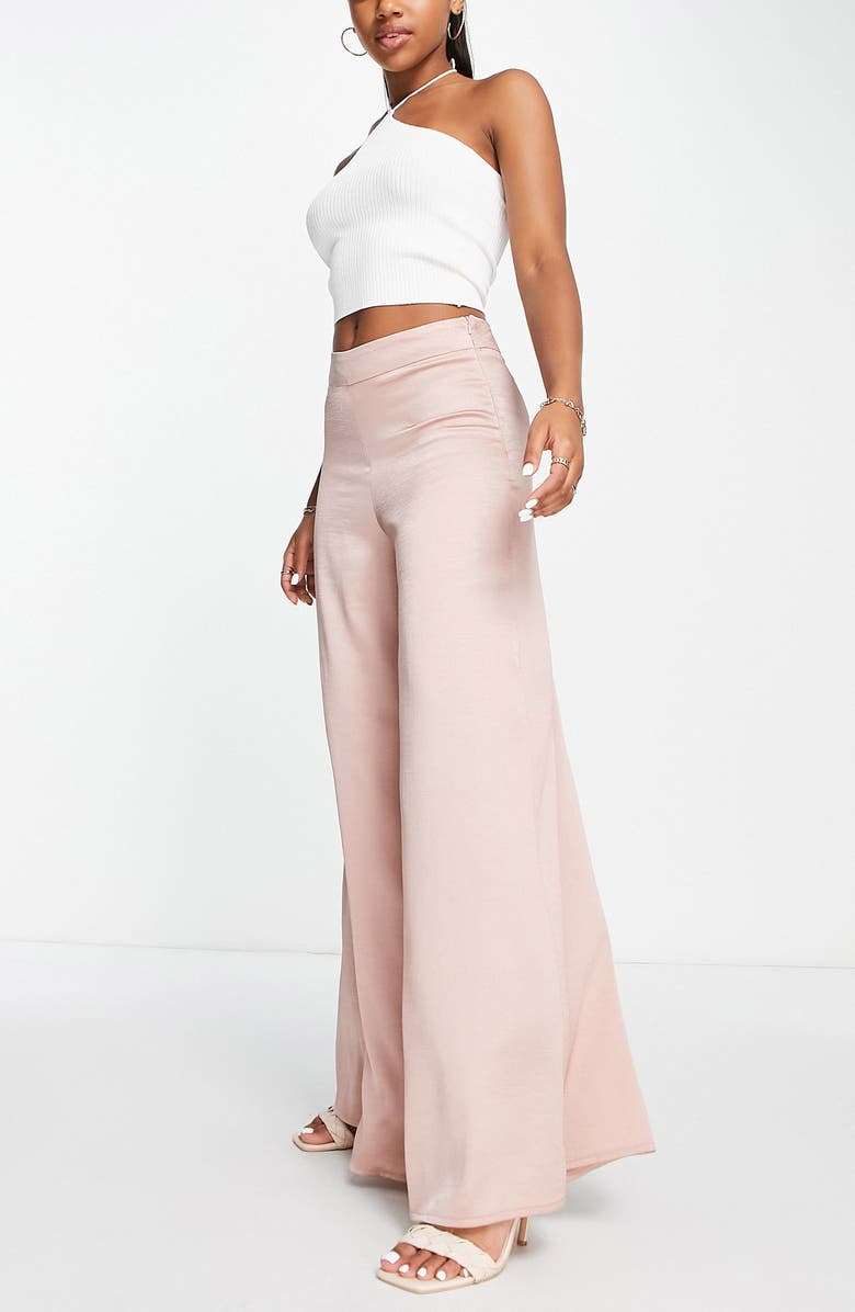 ASOS DESIGN High Waist Wide Leg Satin Trousers, Alternate, color, 