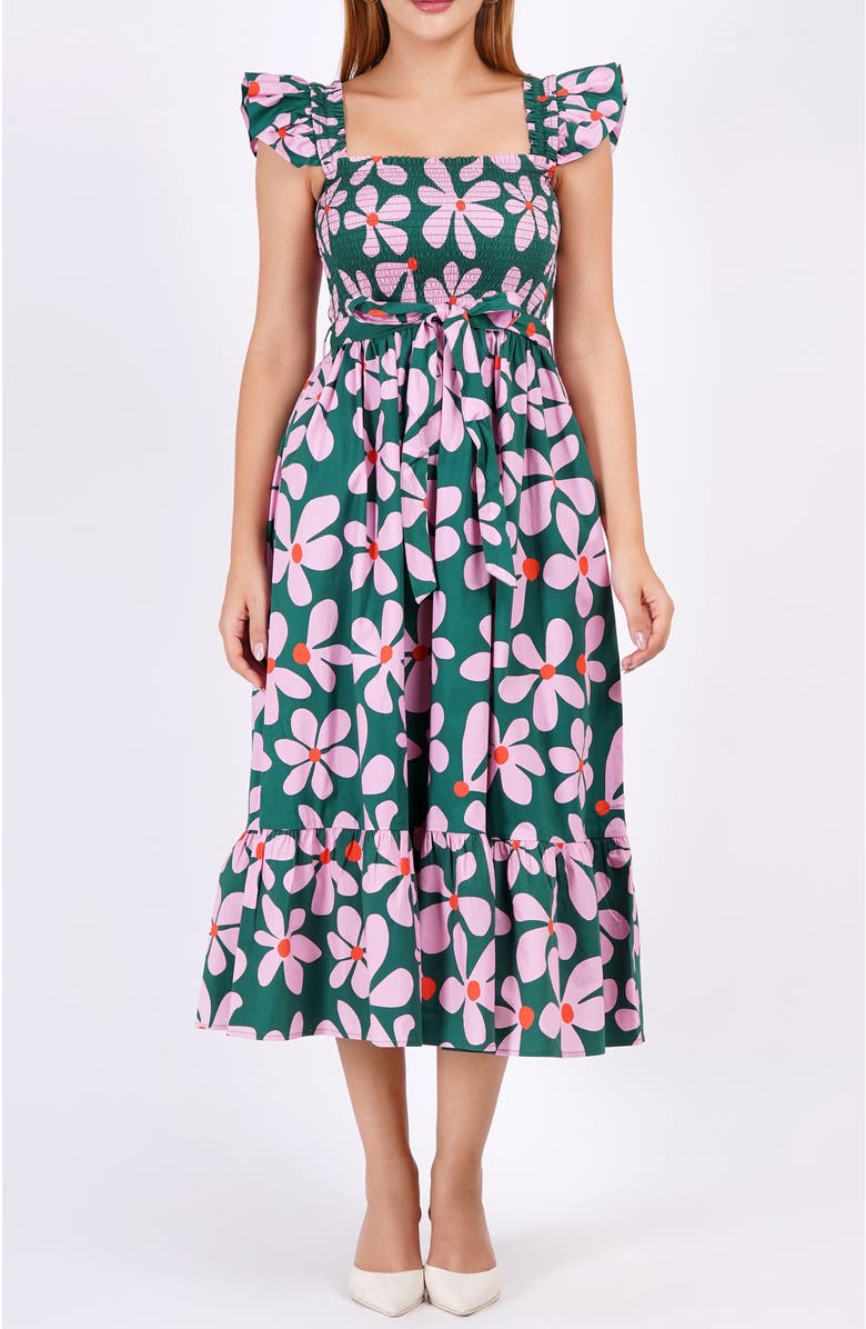 Leota Ivanna A-Line Smocked Midi Dress, Main, color, Dancing Daisies Evergreen