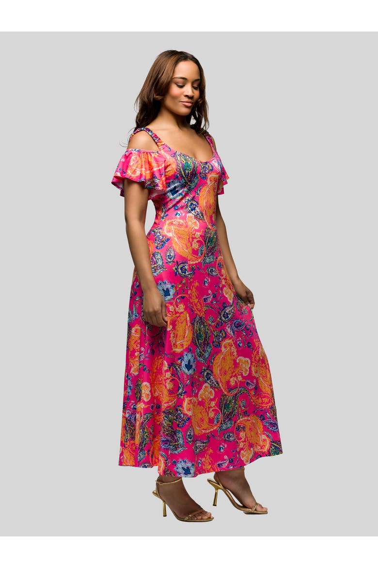 Pink Paisley Cold Sholder Ruffle Sleeve A-Line Maxi Dress, Alternate, color, Pink Multi