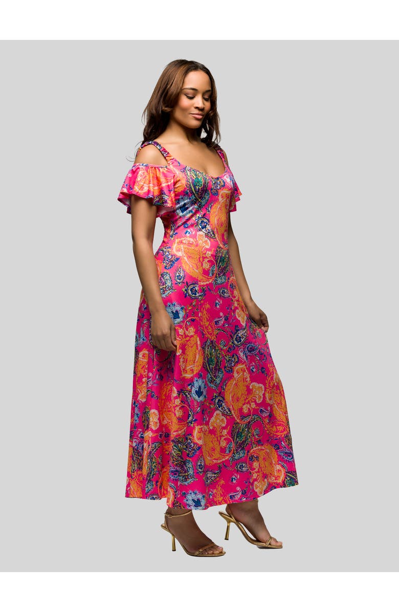 24seven Comfort Apparel Pink Paisley Cold Sholder Ruffle Sleeve A-Line Maxi Dress, Alternate, color, Pink Multi