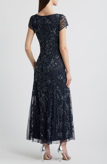 Beaded Mesh Midi Cocktail Dress