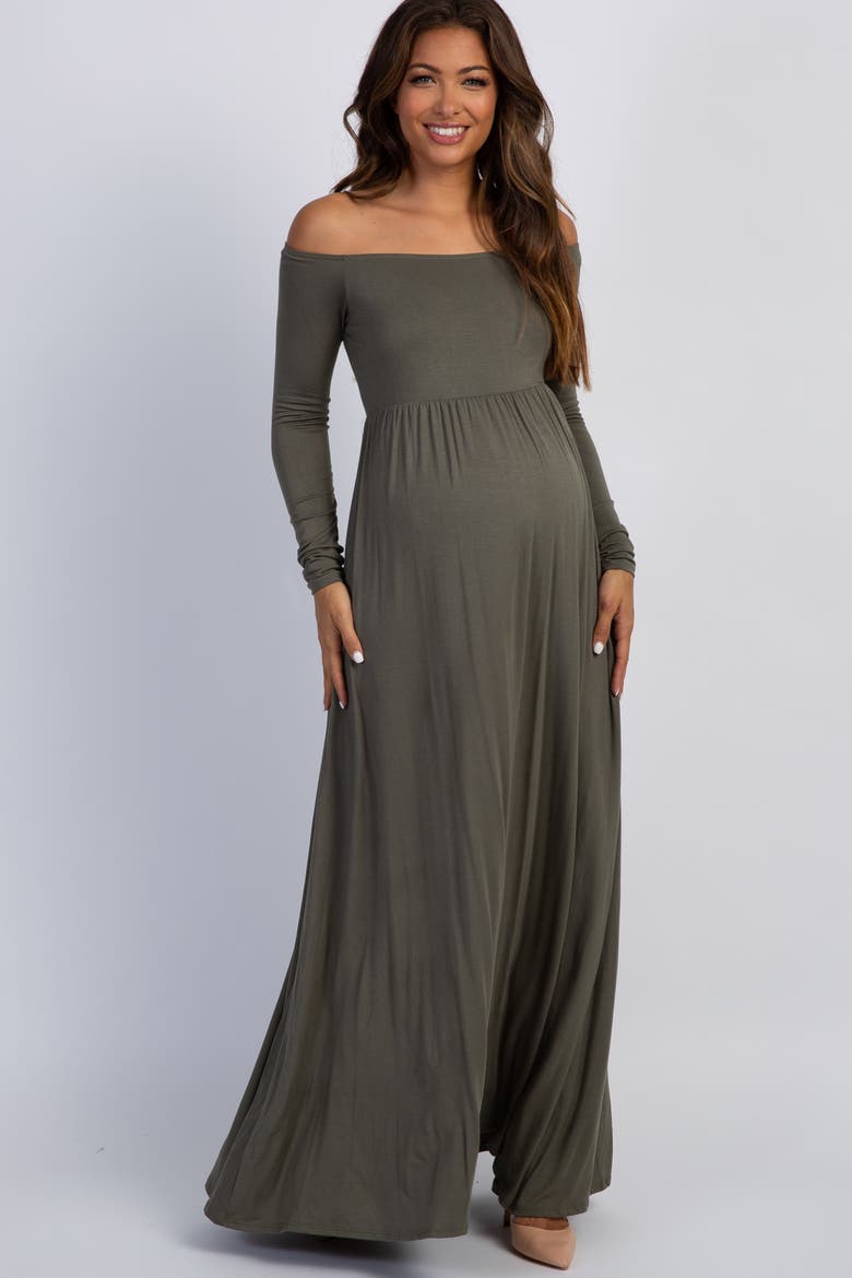 Solid Off Shoulder Maternity Maxi Dress, Alternate, color, Olive Green