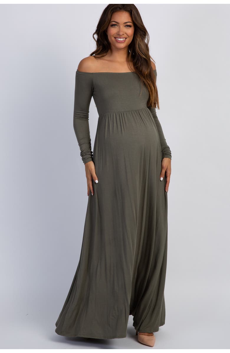 PinkBlush Petite Solid Off Shoulder Maternity Maxi Dress, Alternate, color, Olive Green