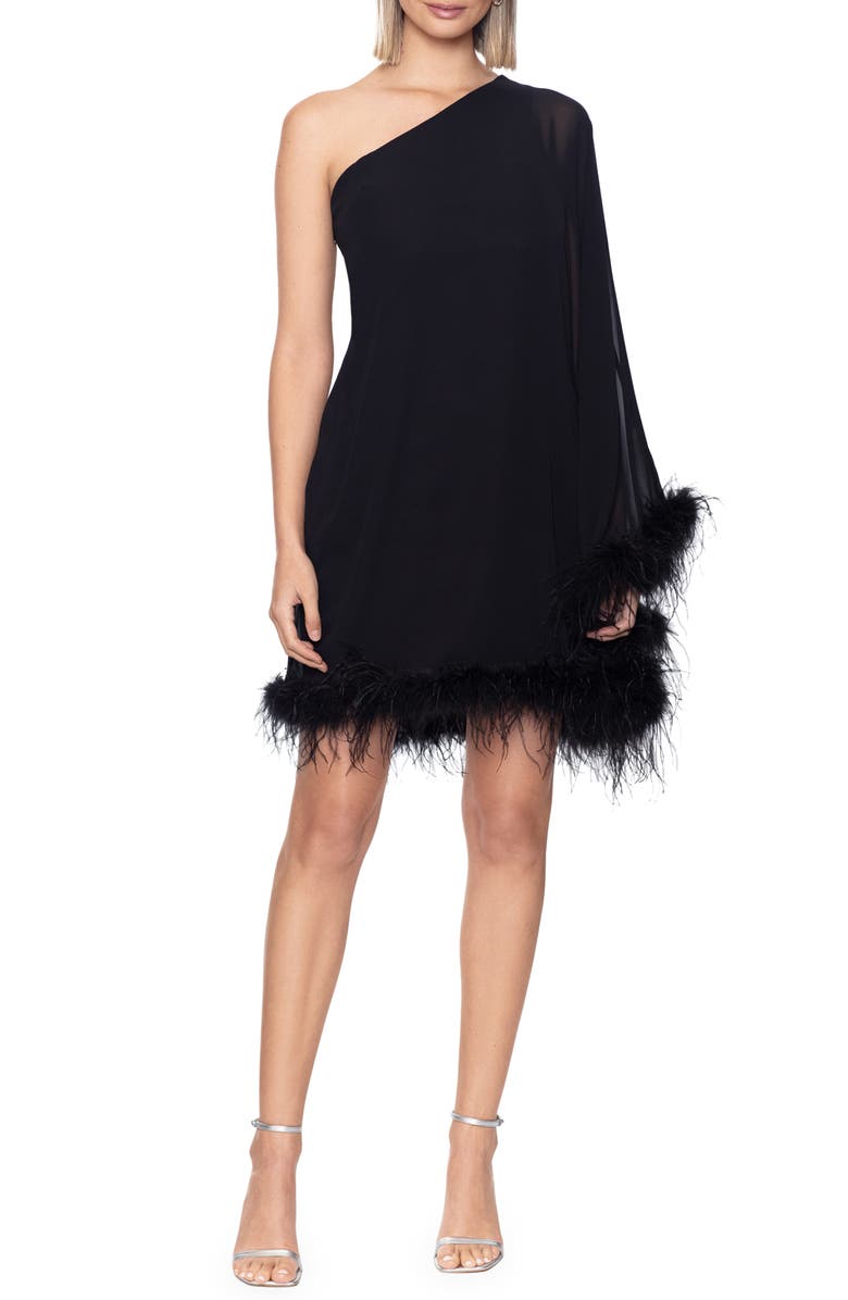 Betsy & Adam Feather Trim Single Long Sleeve Cocktail Dress, Main, color,