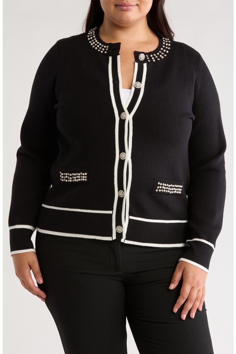 Milly Embellished Button Front Cardigan, Main, color, BLACK/ WHITE
