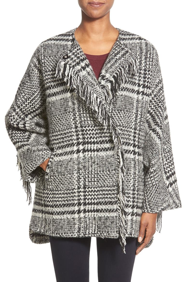 Fringe Trim Glen Plaid Poncho, Main, color, BLACK/ WHITE