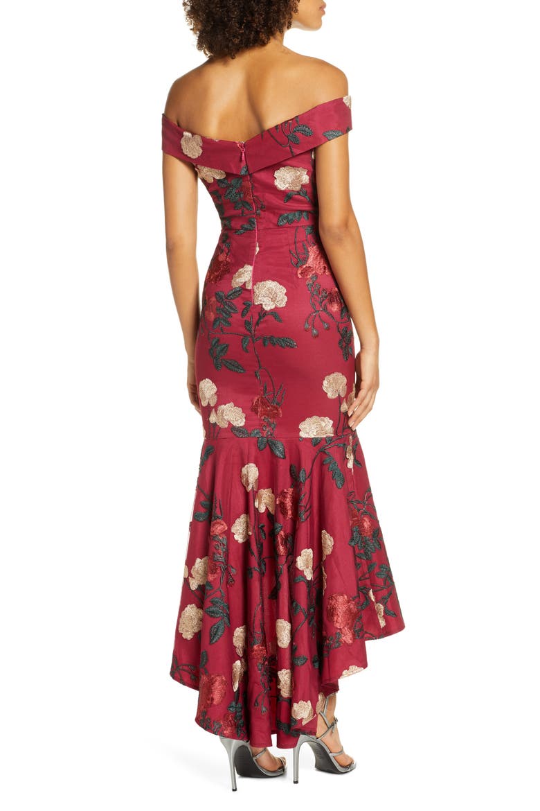 Osia Floral Embroidered Off the Shoulder Mermaid Dress, Alternate, color, BURGUNDY