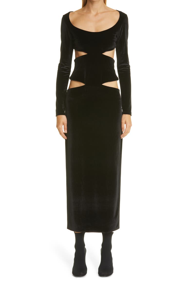 Long Sleeve Cutout Velour Dress, Main, color, BLACK